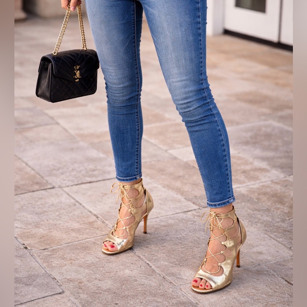 ✨ Jimmy Choo Gold Metallic Lace-Up Heels Size 39